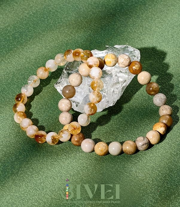 Bivei Natural Gemstone Semi Precious Healing Crystals Handmade Stretchy Round Beads Bracelet,Stocking Stuffers for Women Enhance Positive Energy