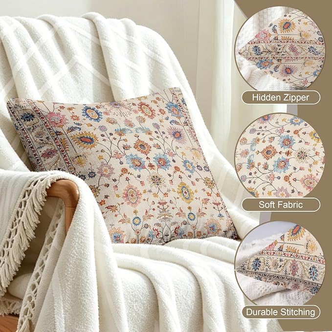 Boho Throw Pillow Covers 18x18 inch Set of 2,Soft Pillowcases Bohemia Carpet Printing Pattern Decorative Sofa Living Room Bed Square Pillow Case Cushion Cover-Flower