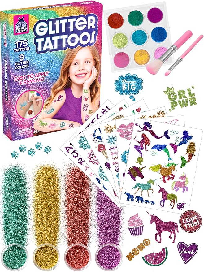 PURPLE LADYBUG 175-Piece Temporary Glitter Tattoos Kit for Kids & Teens - Christmas Gifts for 6 7 8 9 10-12 Year Old Girl Birthday, Craft for Girls 8-12, Ideal Stocking Stuffers for Holiday Party