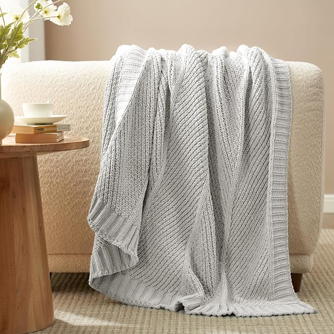 Knit Throw Blanket, Soft Chenille Cozy Breathable Chevron Chunky Decorative Blanket for Couch, Bed & Sofa, French-Inspired Lightweight Warm Gift for Women, Light Gray, 50"x60"