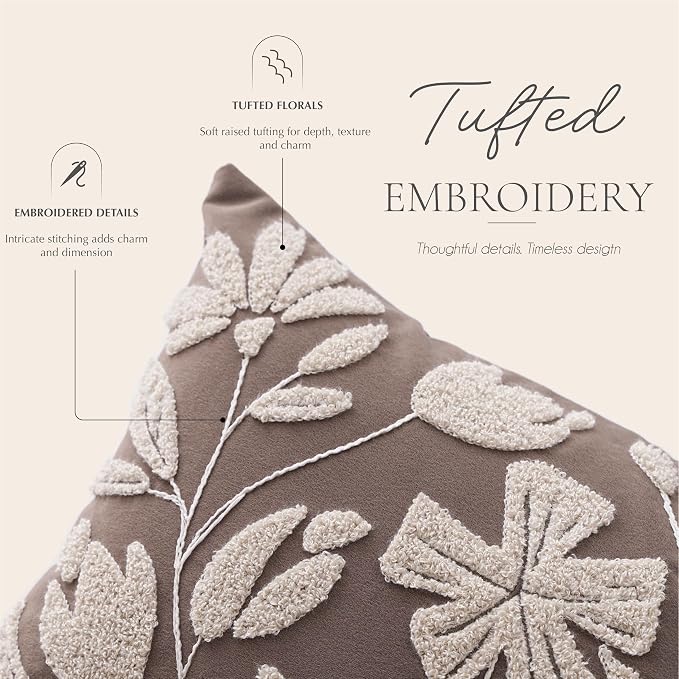 Long Lumbar Pillow Cover 14x36 for Bed, Taupe Brown Floral Tufted Velvet Accent Oversize Throw Pillowcase for Bedroom, Cover Only