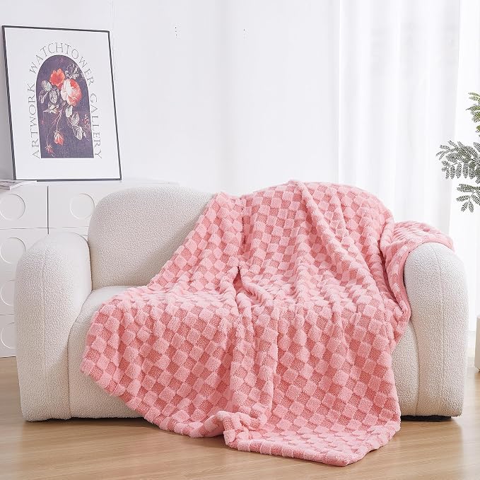 Luxury 3D Checkered Throw Blanket Reversible Thick Warm Blankets for Couch | Soft Velvet Flannel Fuzzy Plush Gift for Women