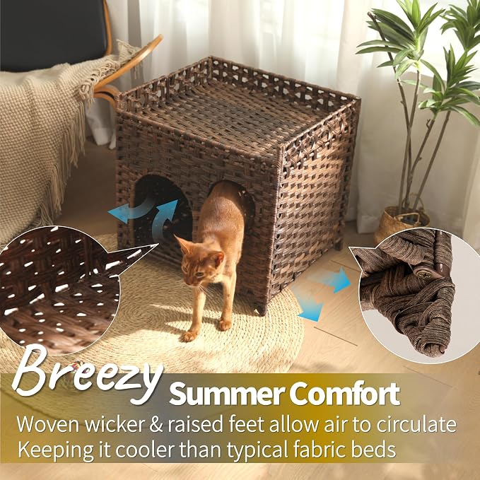 Handwoven Wicker Cat House with Peekaboo Window, for 1-2 Cats Under 20 lb | Woven wicker and raised base for airflow, cool for summer use. Natural furniture look. Rinse clean. Pop open and no assembly.