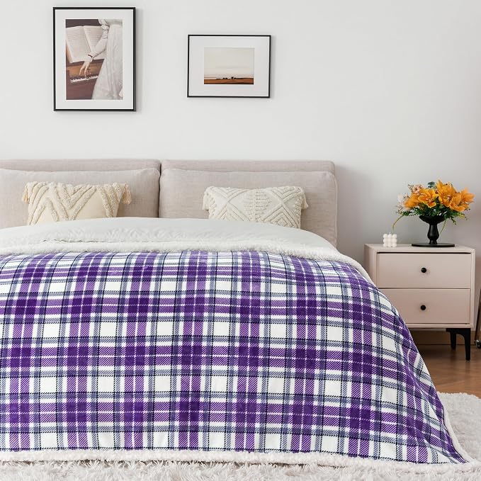 Sherpa Plaid Throw Blanket, 60" X 70"Fuzzy Fluffy Cozy Soft Blanket, Fleece Flannel Plush Twin Size Microfiber Blanket for Couch Bed Sofa,Purple