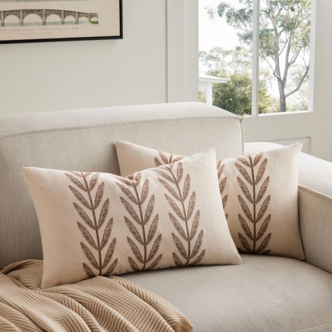 Farmhouse Leaves Lumbar Pillow Covers Set of 2, 12x20in Caramel | 100% Organic Cotton, Rustic Accent Print Pillow Case, Pastoral Decorative Cushion Covers for Sofa Bed Living Room Home Decor