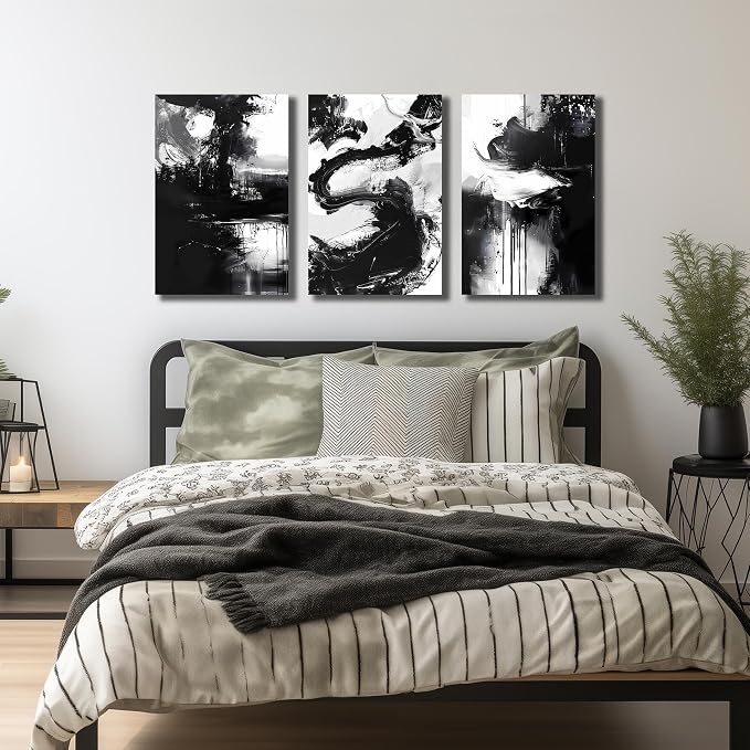 DNIEOTU Abstract Canvas Wall Art for Living Room, Black and White Picture Prints Wall-Decor for Bedroom, Size 16 x 24 Inches 3-Piece
