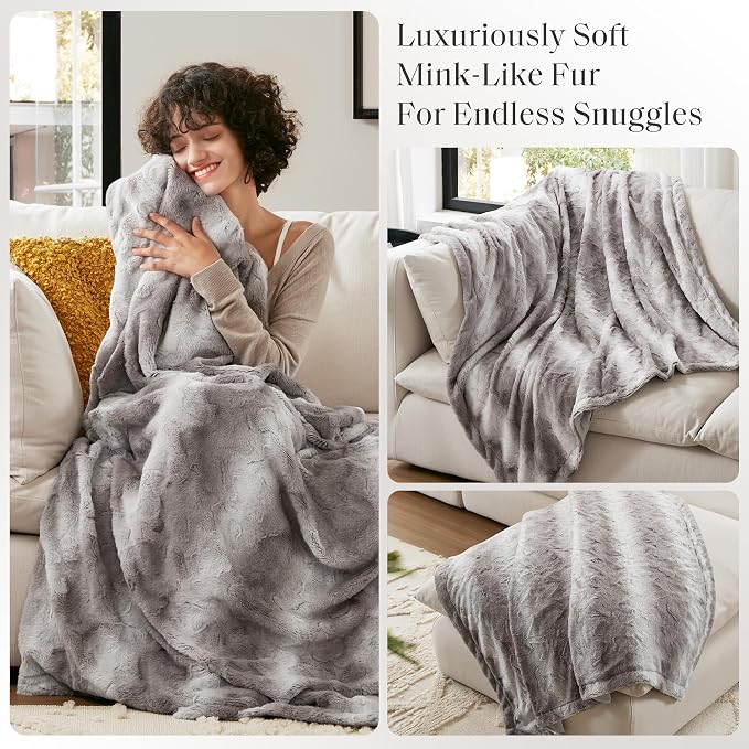 Madison Park Zuri Faux Fur Reversible Throw Blanket, 50 x 60 in, Grey | Oversized Soft Plush, Luxury, Animal Stripes, Mink Reverse, Modern, All Season, for Bed Sofa Couch, OEKO-TEX Certified