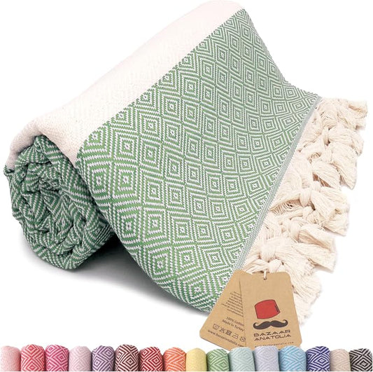 Bazaar Anatolia Turkish Beach Towel – 100% Cotton, Quick Dry, Sand Free Towel for Bathroom, Camping, Travel, Sage Olive – Oversized 71x39 Inches – Diamond Green