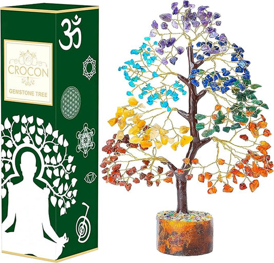 Crocon Seven Chakra Crystal Tree of Life for Positive Energy Feng Shui Money Tree Bonsai Gem Stone Home Decor Thoughtful Birthday Gifts for Women Mother Sister Housewarming Gift New Home Present