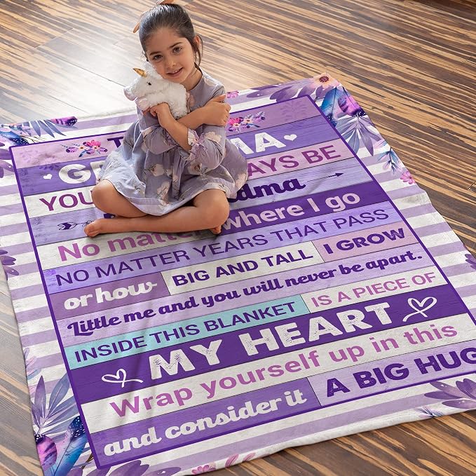Gifts for Grandma Blanket for Mothers Day – to My Grandma Soft Flannel Fleece Throw Blanket, Cozy Purple Floral Blanket with Loving Message, Birthday Gift from Grandchild 50x60 Inches