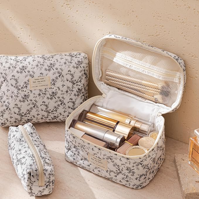 HBselect Quilted Makeup Bag, 3PCS Cotton Large Travel Makeup Bag, Cute Floral Coquette Make up Bag Cosmetic Bag Toiletry Bag for Women Girls