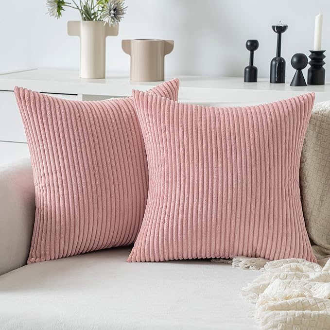 MIULEE Decorative Corduroy Throw Pillow Covers Set of 2 20x20 Blush Pink | Soft Striped Textured Cushion Cases, Boho Square Lovely Cute Pillowcases, Home Decor for Couch Chair Sofa Bed Living Room