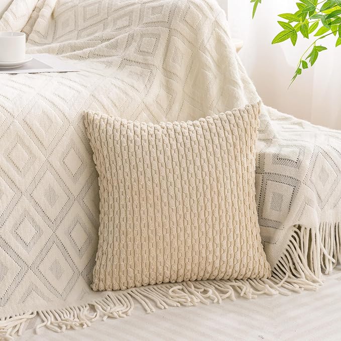 Set of 4 Beige Brown Coffee Decorative Throw Pillow Covers 22x22 Inch Corduroy Pillow Covers for Bed Couch Sofa Living Room Soft Square Cushion Cases