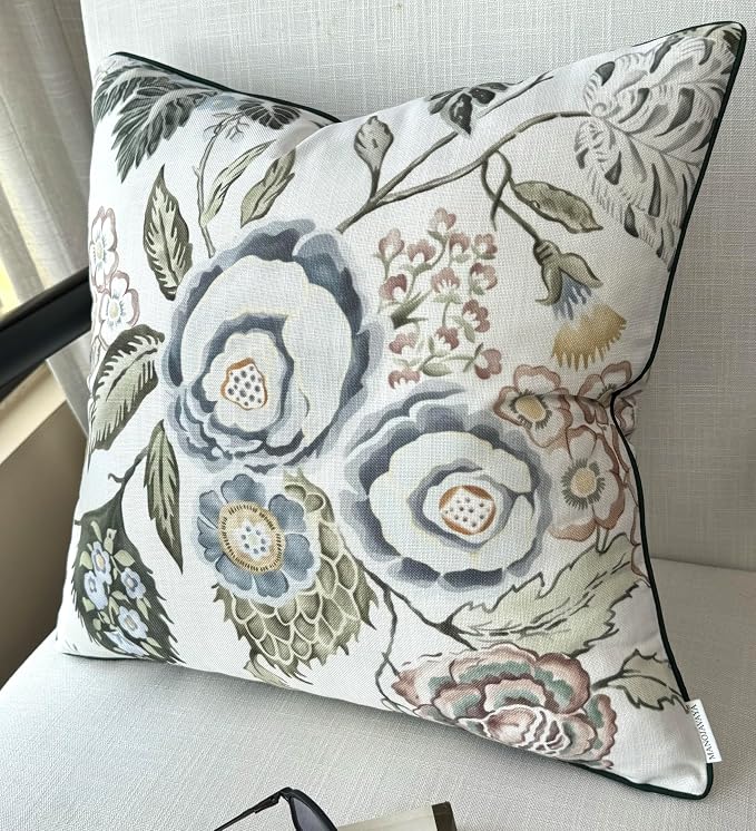 Blue Rose Floral Print 20x20 Throw Pillow Cover | Blue rose floral bouquet on off-white slub, green piping; both sides printed; hidden zip; cover only