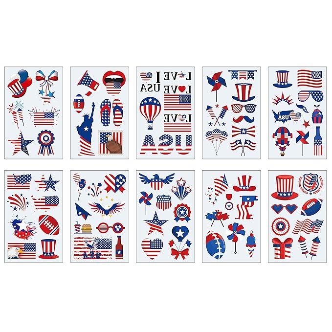90Pcs Fourth of July Temporary Tattoos,American Flag Red White and Blue Fake Tattoo Stickers, 4th of July,USA Party Favors,Memorial Day, Independence Day, Labor Day Decorations Party Supplies