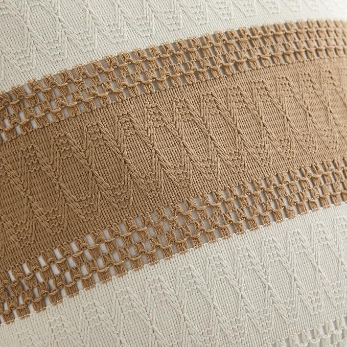 2pk Boho Pillow Covers 24x24, Natural White/Contrast/Brown | 100% Organic Cotton Body, Stripe Embroidery, Farmhouse Decorative Cushion Covers for Sofa Bed Living Room Home Decor