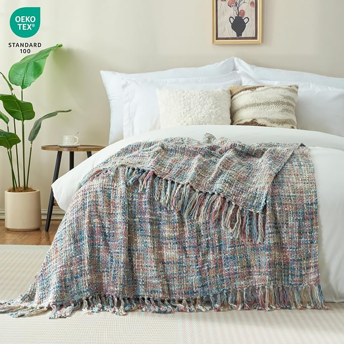 Multi-Color Cable Woven Throw Blanket for Couch - 50"X60" | Multicolored Boho Style,Super Soft Warm Cozy Chunky Blankets with Decorative Tassels for Bed and Sofa,Pink Blue