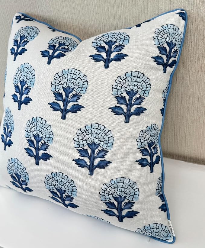 Marigold Floral Print 22x22 Throw Pillow Cover, Blue | Blue marigold floral on off-white slub, blue piping; both sides printed; hidden zip; cover only