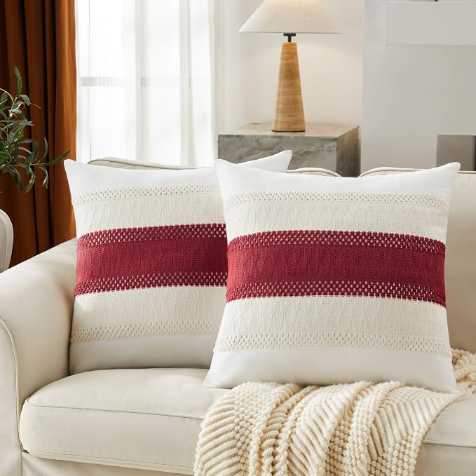 2pk Boho Pillow Covers 22x22, Natural White/Contrast/Red | 100% Organic Cotton Body, Stripe Embroidery, Farmhouse Decorative Cushion Covers for Sofa Bed Living Room Home Decor