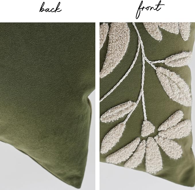 Decorative Throw Pillow Cover 20x20 Inch, Olive Green Floral Tufted Velvet Accent Pillow Case for Sofa Bed Living Room, Cover Only