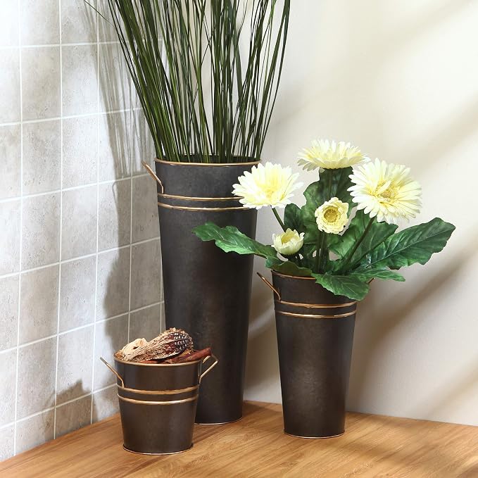 Hosley Set of 2 Zinc Finish French Bucket Vases with Handles 6"Dx15"H Perfect for Weddings, Parties, Country Picnics, Floral Arrangements, Tableware Storage, or Candle Gardens - Rustic Farmhouse Décor