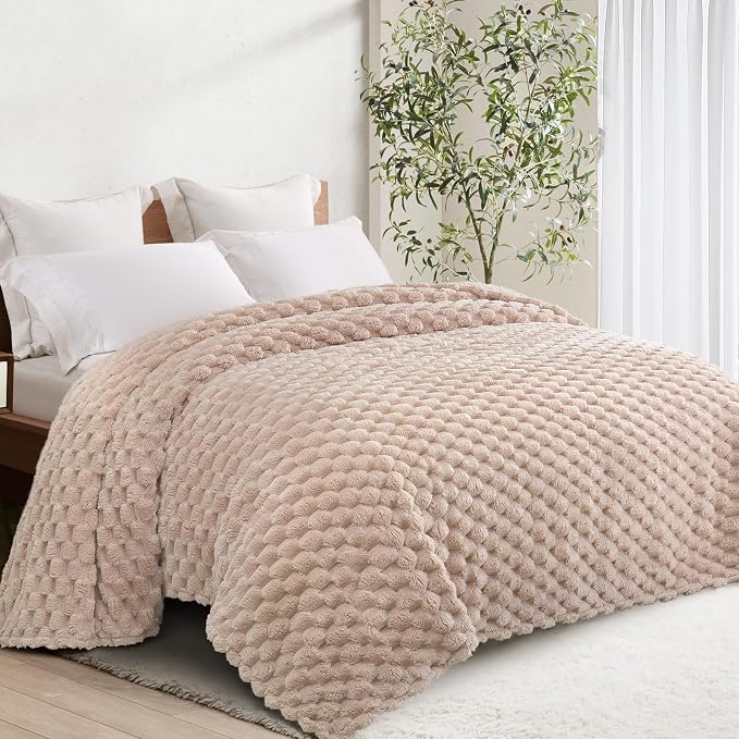 Whale Flotilla Soft Fleece Queen Size Bed Blanket Luxury 3D Jacquard, Camel | Lightweight Breathable Coverlet Bedspread for All Seasons, Super Cozy Plush Fluffy Fuzzy Decorative Blanket for Bed, 90"x90"