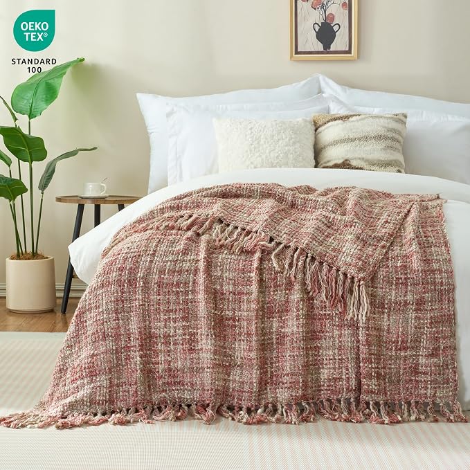 Multi-Color Cable Woven Throw Blanket for Couch - 50"X60" | Multicolored Boho Style,Super Soft Warm Cozy Chunky Blankets with Decorative Tassels for Bed and Sofa,Light Pink