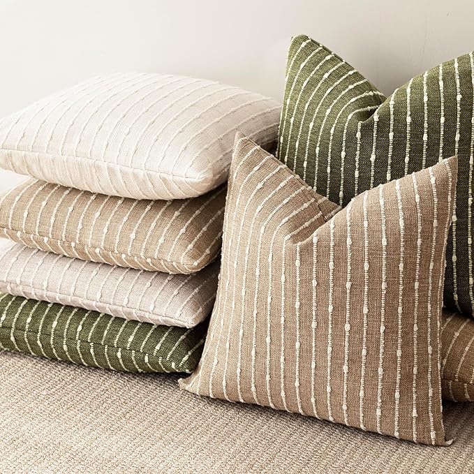 Foindtower Pack of 2 Decorative Jacquard Boucle Throw Pillow Covers Accent Textured Striped Pillowcases Cozy Modern Cushion for Couch Sofa Bedroom Living Room Home Decor 18x18 Inch Olive Green