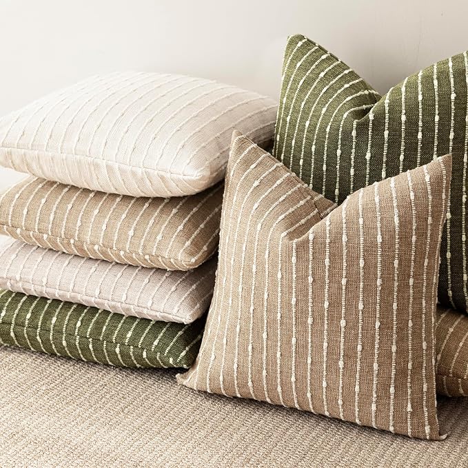 Foindtower Pack of 2 Decorative Jacquard Boucle Throw Pillow Covers Accent Textured Striped Pillowcases Soft Boho Modern Cushion for Couch Sofa Bedroom Living Room Home Decor 22x22 Inch Olive Green