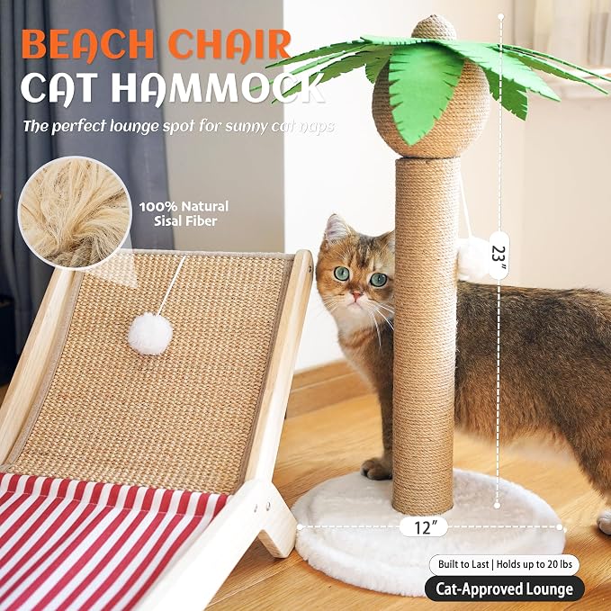 PETKARAY Cat Hammock with Coconut Palm Tree Scratching Post, Cozy Beach Chair Elevated Cat Beds, Original Lounger for Indoor Cats