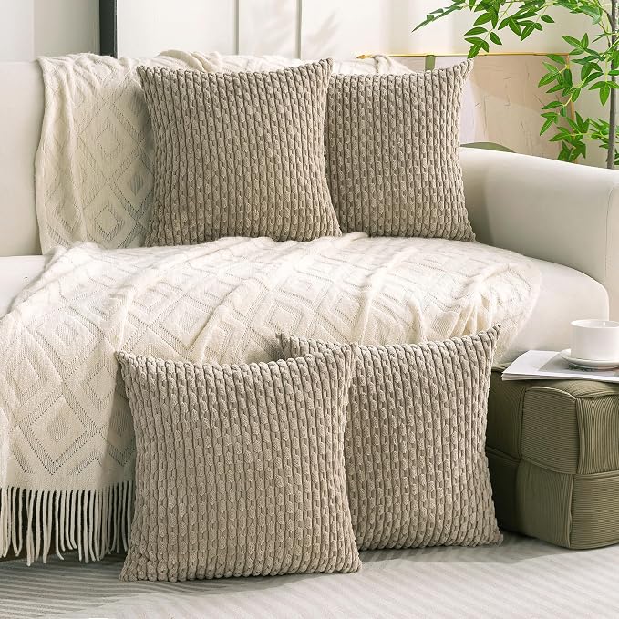 Set of 4 Taupe Decorative Throw Pillow Covers 26x26 Inch Corduroy Pillow Covers for Bed Couch Sofa Living Room Soft Square Cushion Cases
