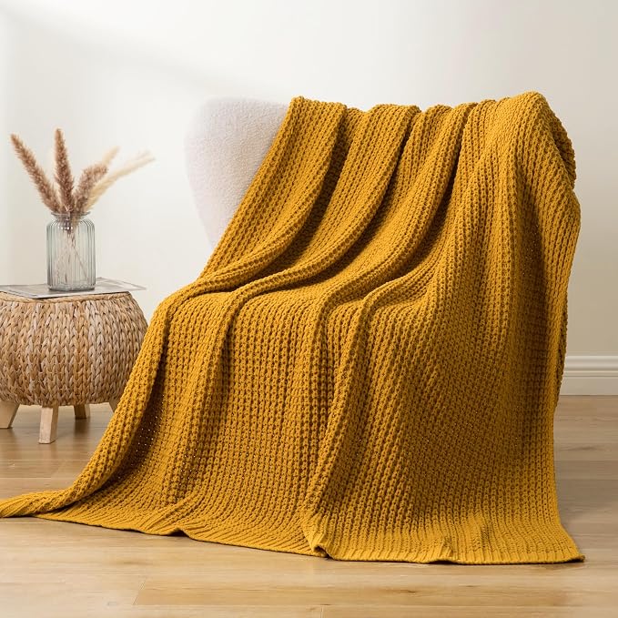 Waffle Knit Throw Blanket, Mustard Yellow Throw Blanket for Couch 60"x80" | Chunky Chenille Throw Blanket, Soft Fall Mustard Throw Blanket for Home Decor, Modern Farmhouse Knitted Style