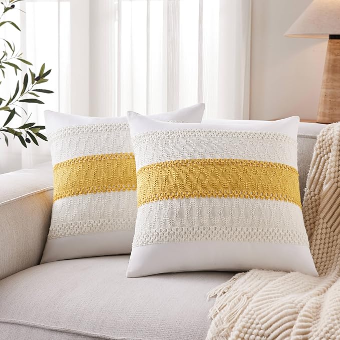 2pk Boho Pillow Covers 20x20, Natural White/Contrast/Mustard Yellow | 100% Organic Cotton Body, Stripe Embroidery, Farmhouse Decorative Cushion Covers for Sofa Bed Living Room Home Decor