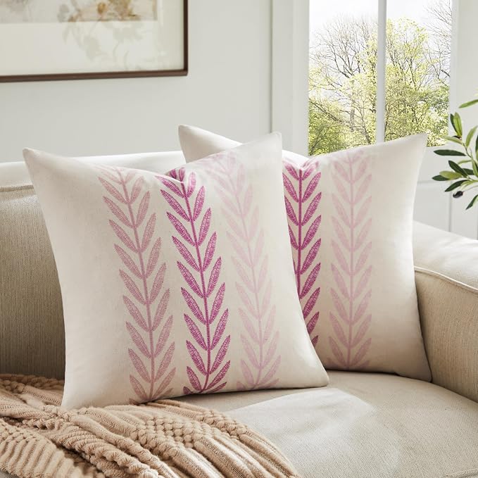 Farmhouse Leaves Throw Pillow Covers Set of 2, 18x18in Mixed Pink | 100% Organic Cotton, Rustic Accent Print Pillow Case, Pastoral Decorative Cushion Covers for Sofa Bed Living Room Home Decor