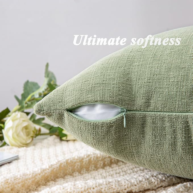 GAWAMAY Decorative Square Throw Pillow Covers 22"x22" Inch Set of 2, Super Soft Chenille Pillows Farmhouse Fall Pillowcase for Living Room Bedroom Sofa Couch Cushion Cover Sage Green 55x55cm