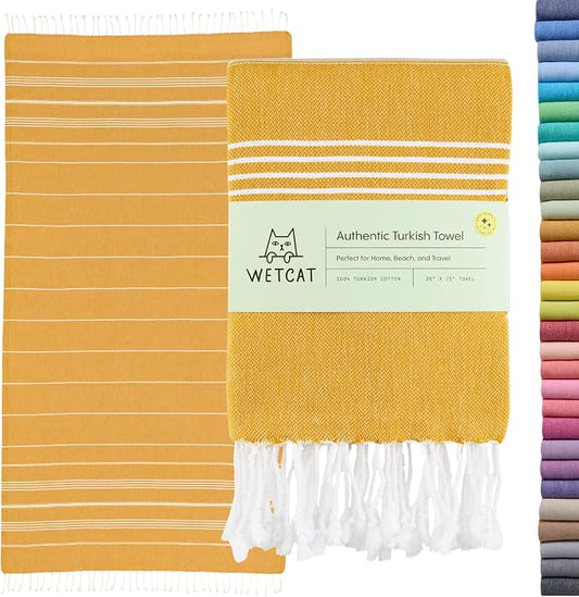 WETCAT Turkish Beach Towel Oversized (38"x71") 100% Turkish Cotton, Made in Turkey - Sand Free, Extra Large, Ultra Soft, Quick Drying, Compact & Lightweight for Travel - Honey Gold