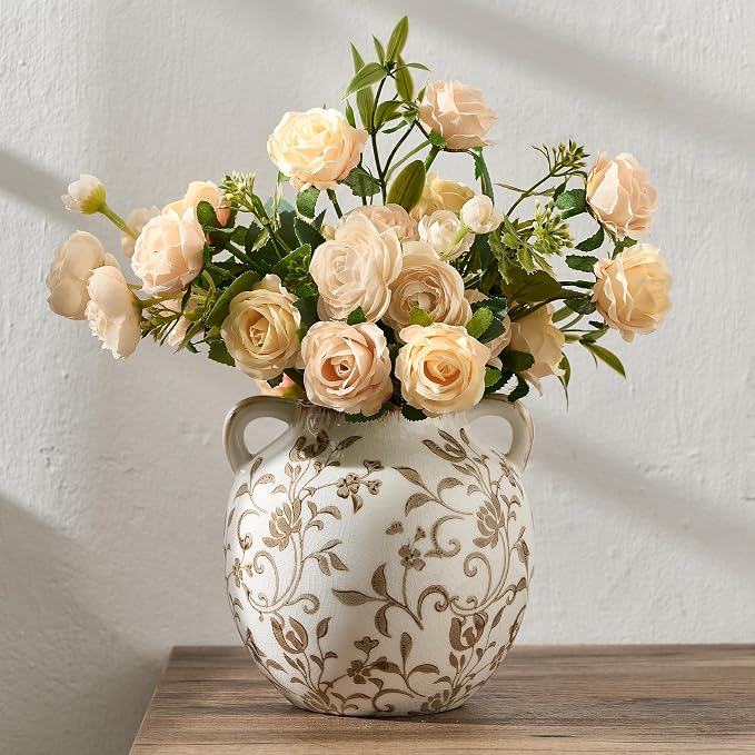 Brown Vintage Antique Vase, 5.6 Inch All Seasons Chinoiserie Floral Vase, Rustic Ceramic Vase for Home Decor, Living Room, Bookshelf, Office, Entryway, Garden, Chinoiserie Decor, Tuscan Decor