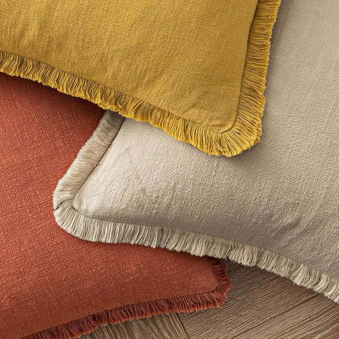 MIULEE Linen Decorative Fall Euro Throw Pillow Covers Burnt Orange 24x24 | Set of 2, Cottagecore Decor, Boho Farmhouse Neutral Fringe Pillow Covers, Rustic Fall Couch Cushion for Sofa Bed Living Room