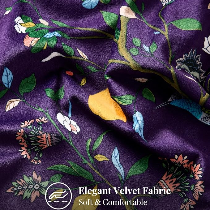 MUSSEL Purple Velvet Floral Decorative 20x20 Pillow Covers Set of 2 | Durable Sturdy,Botanical Printed Pattern,Throw Pillows Case,Square,Colorful Mid Century Cushion Covers,Sofa Couch Decor