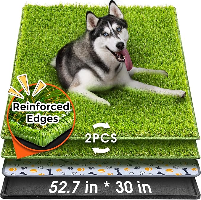Hompet Dog Grass Pad with Tray Large, 52.7"x30", 2 Reusable Artificial Turf for Dogs Potty, Waterproof Non-Slip Washable Pee Pads, Quickly Absorbency Portable Dog Litter Box for Indoor/Outdoor Use