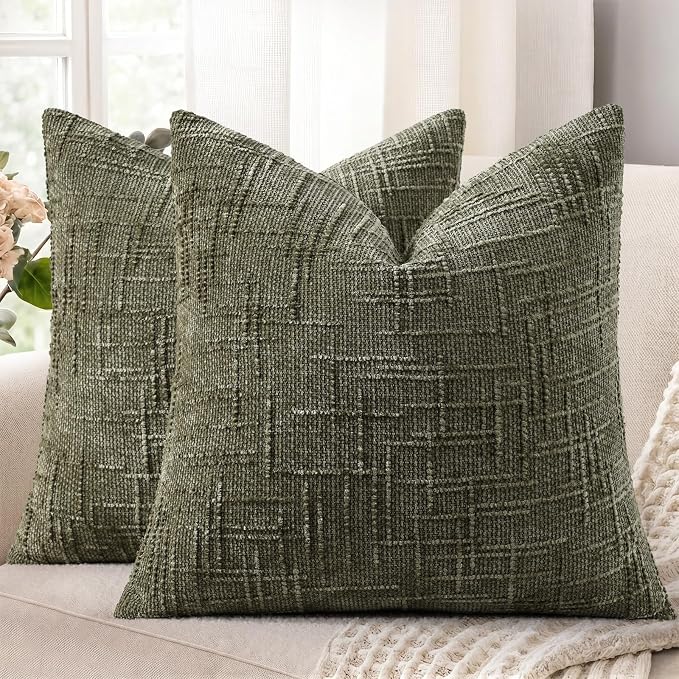 decorUhome Textured Chenille Throw Pillow Covers 26x26 Set of 2 Army Green | Fall Modern Farmhouse Soft Cozy Slubby Couch Pillow Cases Boho Decorative Pillow Cases for Bed Sofa Living Room Home Decor