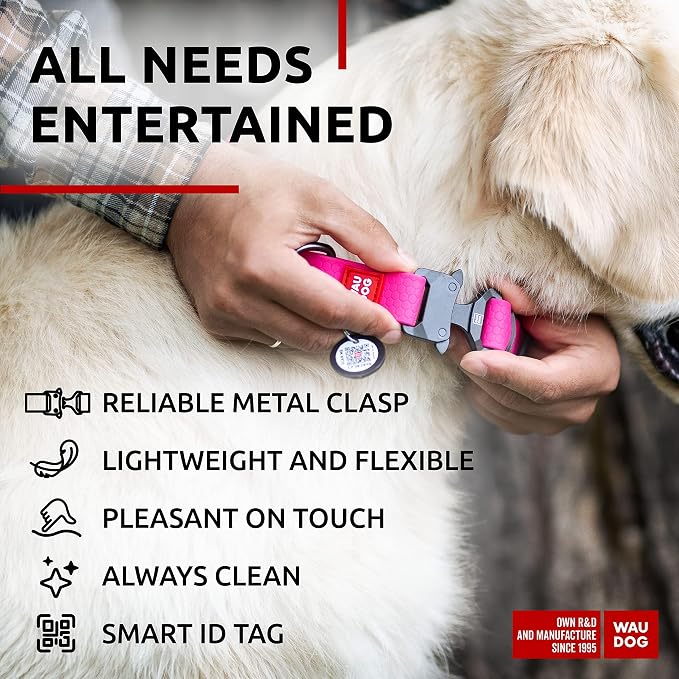 WAUDOG Waterproof Dog Collar Airtag Holder QR Tag Small Medium Large Dogs | Water and Dirt Resistant, Quick Dry QR Pet Tag Adjustable Durable Comfort for Male and Female Dogs Outdoor Walking Training