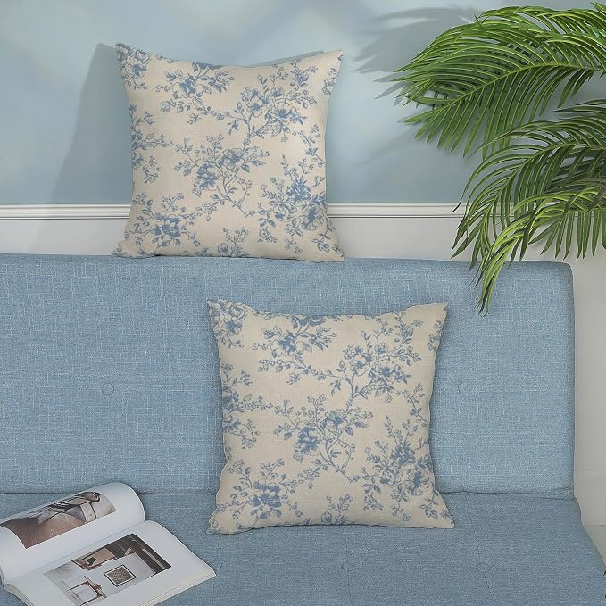 Baby Blue and Cream Flower Pillow Covers 18x18 Set of 2 Chinoiserie Floral Decorative Throw Pillows Vintage Toile Flower Pillowcase Linen Outdoor Farmhouse Cushion Cover for Couch Sofa Decor