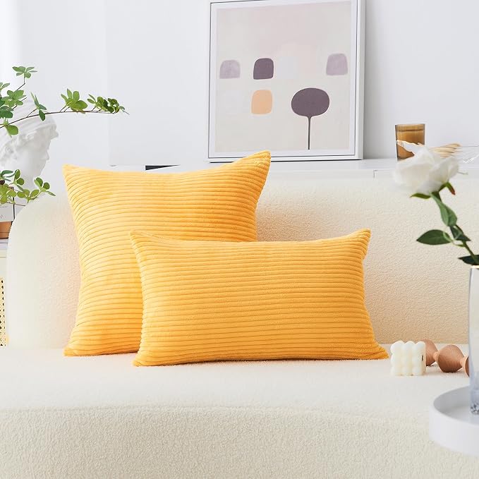 Home Brilliant 20 x 20 Summer Pillow Cover Square Plush Boho Pillowcase Soft Striped Corduroy Throw Pillow for Couch Bed Sofa Bench Decorations, 20x20 inch (50cm), Sunflower Yellow