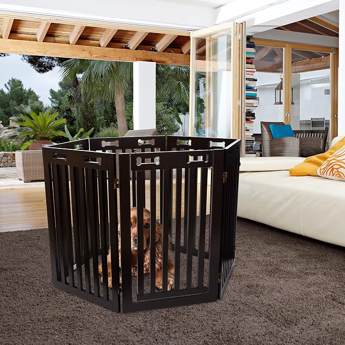 Arf Pets Freestanding Dog Gate with Door, 6 Panel 360° configurable Wooden Fence, 120" Wide, 31.5" Tall, Foldable, Four Support Feet Included, for The House - Indoor Use