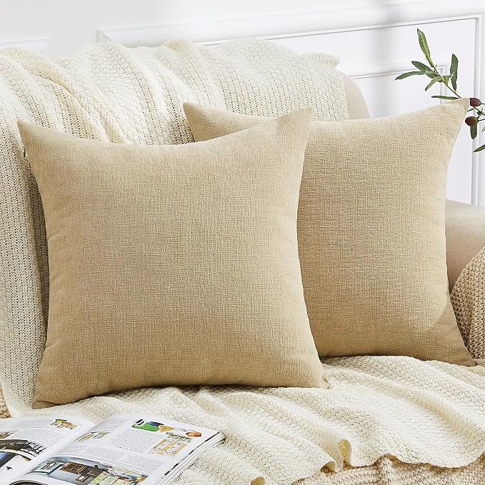 GAWAMAY Decorative Square Throw Pillow Covers 20x20 Inch Set of 2, Super Soft Chenille Pillows Farmhouse Fall Pillowcase for Living Room Bedroom Sofa Couch Cushion Cover Khaki 50x50cm (No Insert)