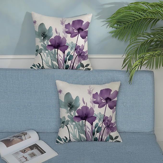 Spring Floral Pillow Covers 18x18 Inches Set of 2 Blue Purple Floral Throw Pillow Cover Outdoor Rustic Summer Flower Decoration Pillowcase Farmhouse Decorative Cushion Cover For Home Sofa Couch