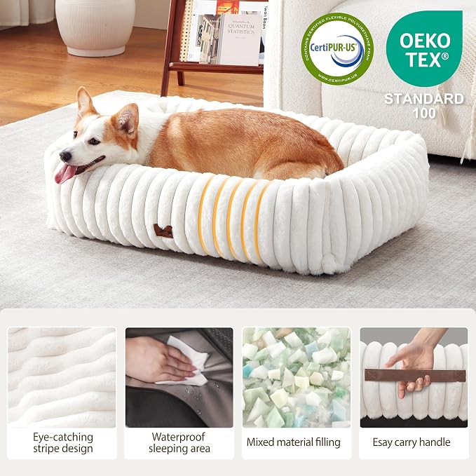 Dog Bed Medium Size Dog, Rectangle Orthopedic Pet Bed for Car and Indoor, Comfort Fluffy Memory Foam Dog Beds with Anti-Slip Bottom, Cream (30x24x8 inches)