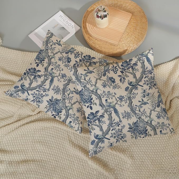 Chinoiserie Floral Birds Pillow Covers 18x18 Set of 2 Blue and Cream Spring Flower Decoratiove Pillowcase Vintage Outdoor Decor Throw Pillows for Couch Farmhouse Cushion Case for Home Sofa