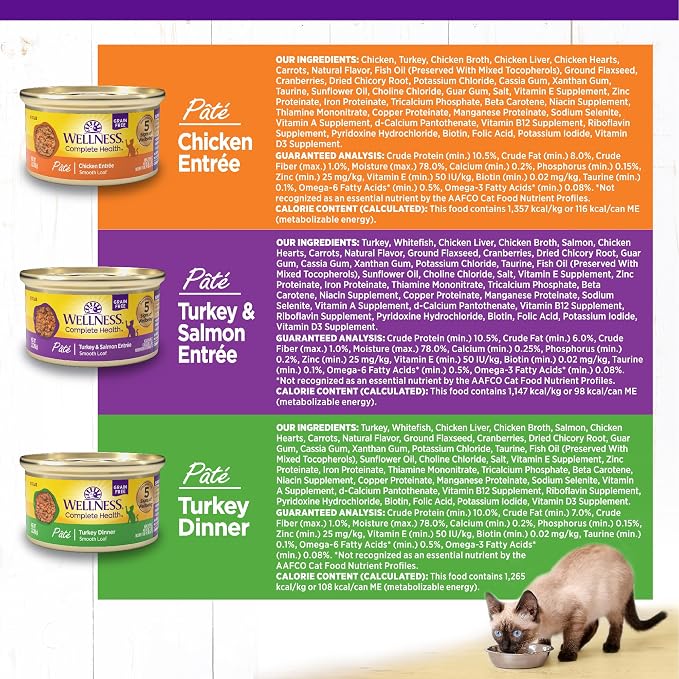 Wellness Complete Health Pate Variety Pack Adult Canned Wet Cat Food, Natural, Protein Rich, Grain Free, Chicken and Turkey Favorites, 3 oz, Pack of 24 Cans